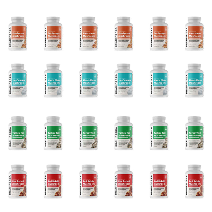 Brain Forza Organic Mushrooms Lions Mane Reishi Cordyceps Turkey Tail Capsules Stronger Extracts