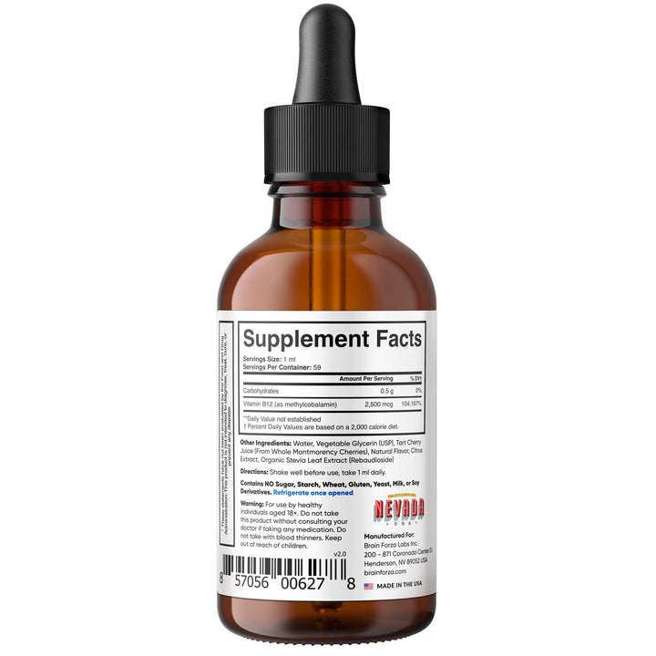 Brain Forza Liquid Drops Vegan Vitamin B12 Natural Methylcobalamin 2oz