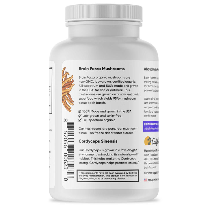 Brain Forza Organic Cordyceps Mushroom Capsules 500mg Stronger Than Extracts, 90 Capsules