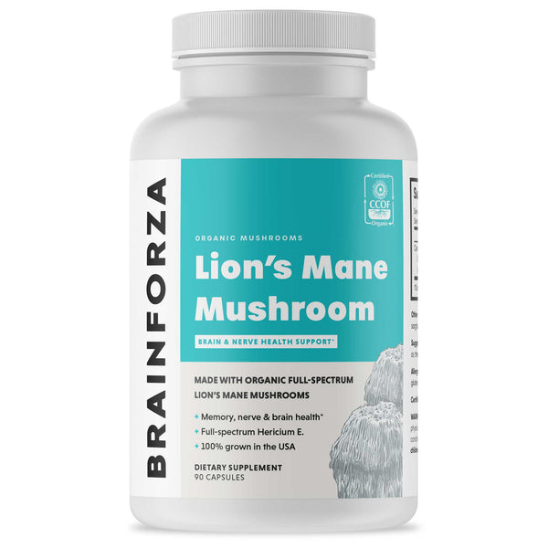 Brain Forza Organic Lions Mane Mushroom Stronger Than Extracts USA Made, 90 Capsules