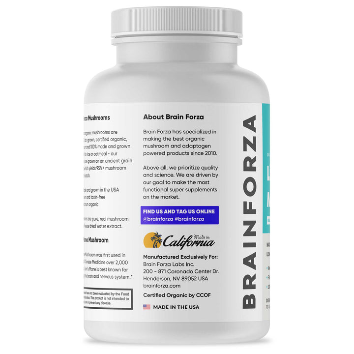 Brain Forza Organic Lions Mane Mushroom Stronger Than Extracts USA Made, 90 Capsules