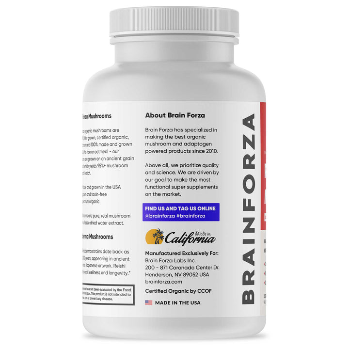 Brain Forza Organic Red Reishi Mushroom Blend Stronger Than Extract USA Made, 90 Capsules