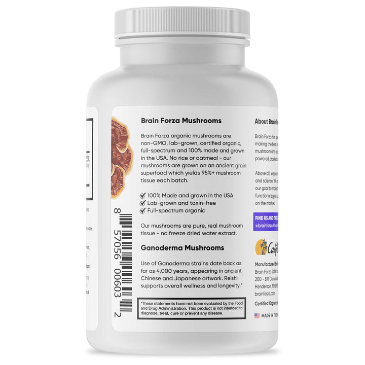 Brain Forza Organic Red Reishi Mushroom Blend Stronger Than Extract USA Made, 90 Capsules