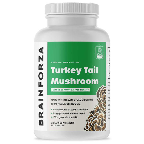 Brain Forza Organic Turkey Tail Mushroom Capsules Stronger Than Extracts USA Made, 90 Capsules