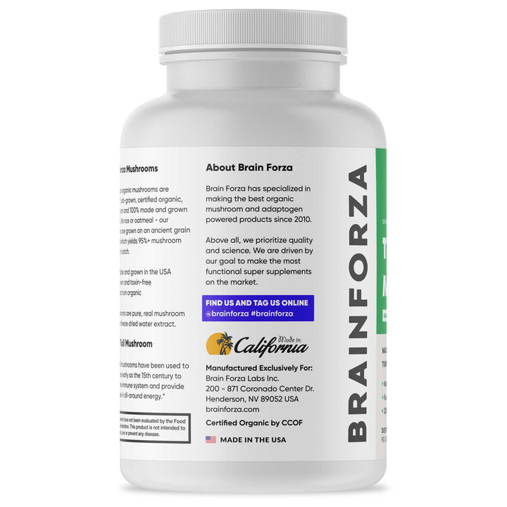 Brain Forza Organic Turkey Tail Mushroom Capsules Stronger Than Extracts USA Made, 90 Capsules