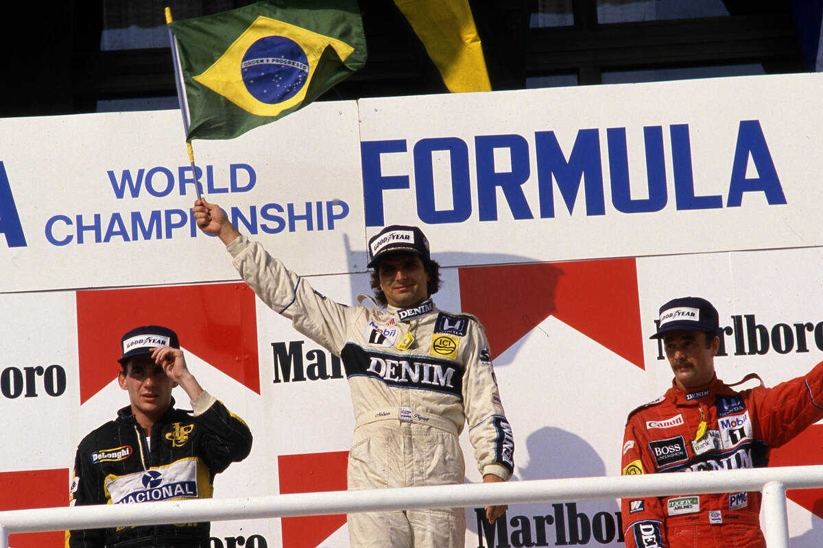 Piquet Senna e Mansell sul podio del GP d'Ungheria